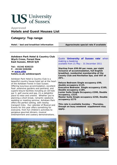 Hotels and Guest Houses List University of Sussex