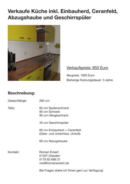 Verkaufe Küche inkl. Einbauherd, Ceranfeld ... - Roman Eckert