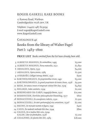 Books from the library of Walter Pagel Part I: 1483â€“1600