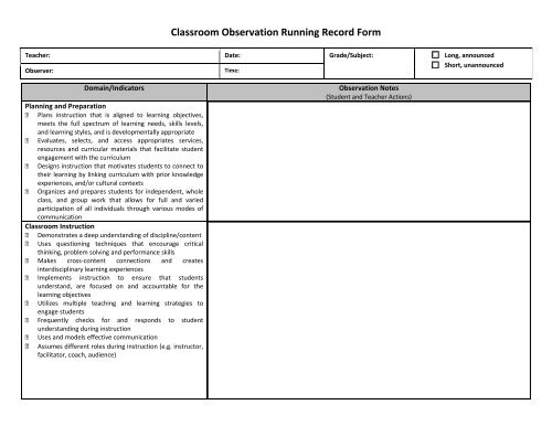 Classroom observation running record form