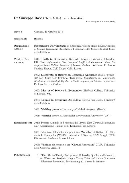 Dr Giuseppe Rose (Ph.D., M.Sc.) curriculum vitae - Dipartimento di ...