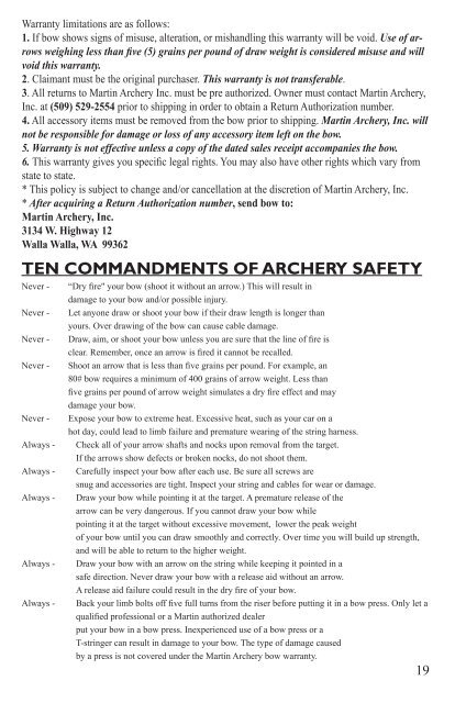 TABLE OF CONTENTS - Martin Archery