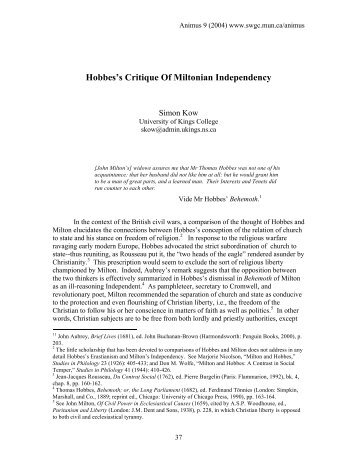Simon Kow, Hobbes's Critique of Miltonian Independency
