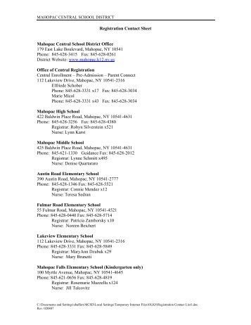 Additional Contact information - Mahopac Central School District