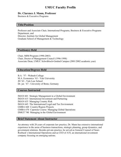 Dr Clarence J Mann Professor University Of Maryland