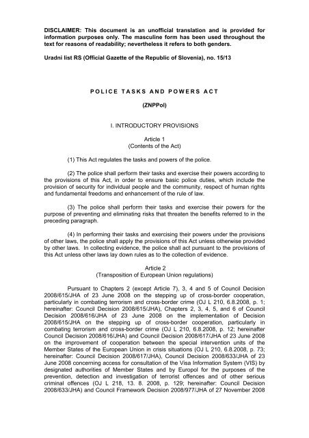 Disclaimer This Document Is An Unofficial Translation Policija