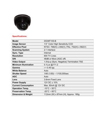Model DS36F10S-B Image Sensor 1/3'' Color High ... - CCTV Direct
