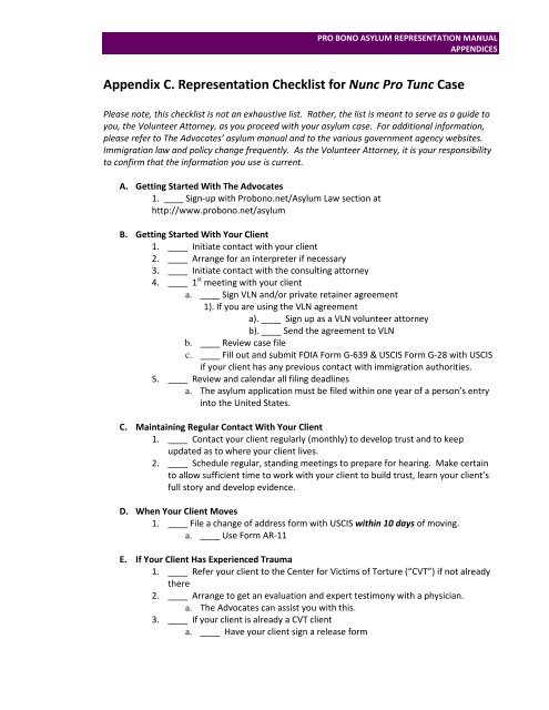 Appendix C. Representation Checklist for Nunc Pro Tunc Case
