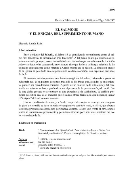 el salmo 88 y el enigma del sufrimiento humano - Revista Biblica