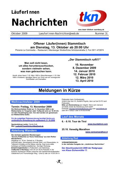 LÃ¤uferInnen Nachrichten Oktober 2009 - Team Klinikum NÃ¼rnberg