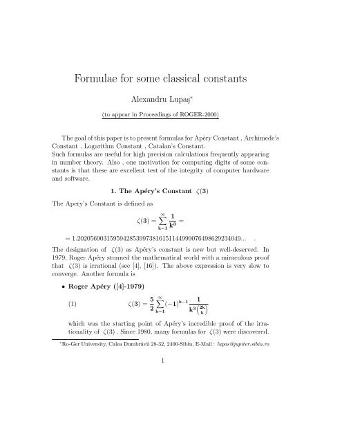 Formulae for some classical constants - Simon Plouffe