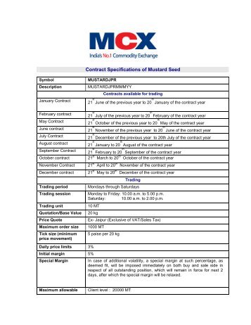Contract Specifications of Mustard Seed - MCX