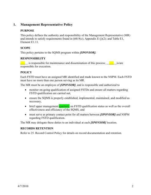 Simulator Quality Management Systems Working Group