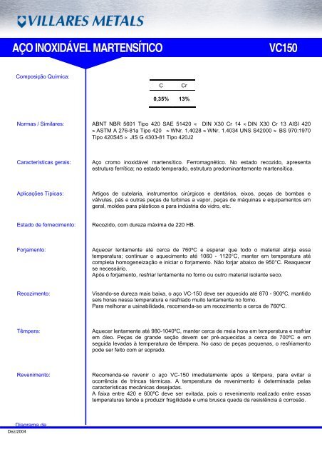 AÃO INOXIDÃVEL MARTENSÃTICO VC150 - Villares Metals