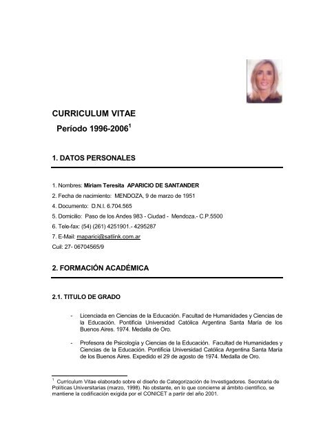 Curriculum Vitae Prof. Santander 1990 - Facultad de FilosofÃ­a y Letras