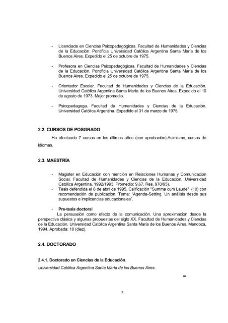 Curriculum Vitae Prof. Santander 1990 - Facultad de FilosofÃ­a y Letras