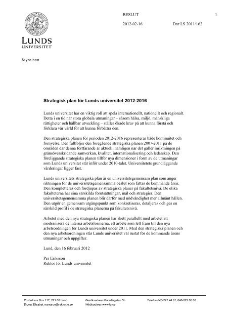 Strategisk plan fÃ¶r Lunds universitet 2012-2016 - Humanekologi ...