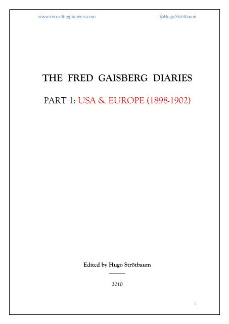 The Fred Gaisberg Diaries Part 1 - Recording Pioneers