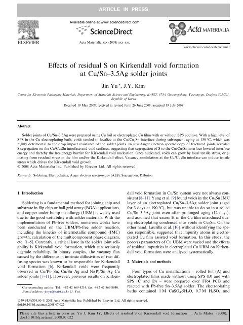 Effects Of Residual S On Kirkendall Void Formation At Cu Sn Kaist Effects Of Residual S On Kirkendall Void Formation At Cu Sn Kaist