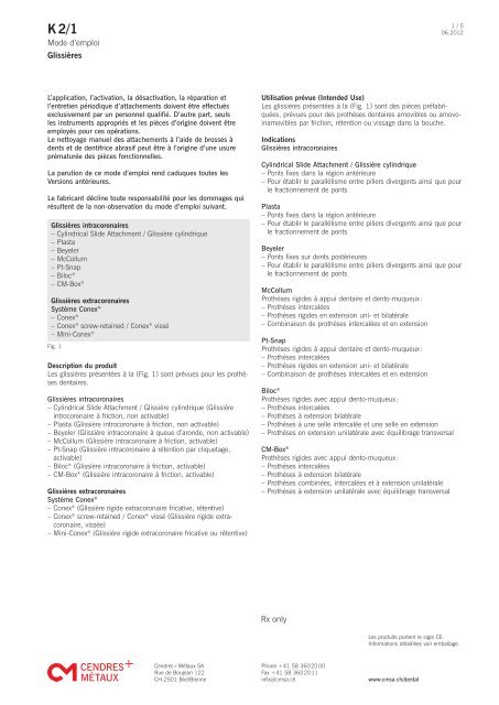 Mode d'emploi Glissières - Cendres Métaux