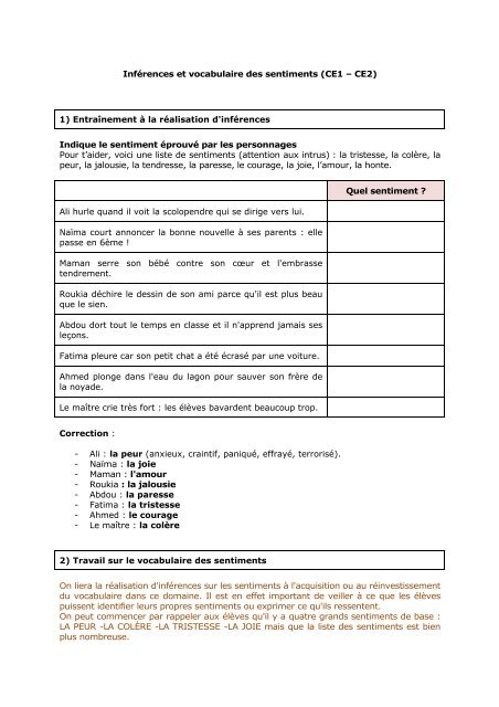 InfÃ©rences et vocabulaire des sentiments (CE1 â CE2) 1 ...