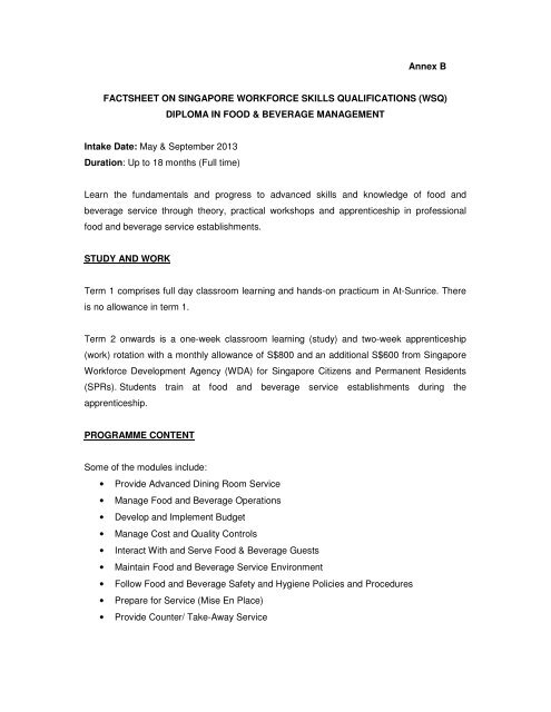 Factsheet on WSQ Diploma in F&B Management - WDA