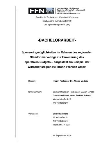 -BACHELORARBEIT- - Wirtschaftsregion Heilbronn - Franken