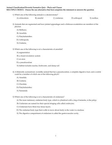 animal diversity (phylum, classes) formative quiz - 07-08.tst - TestGen