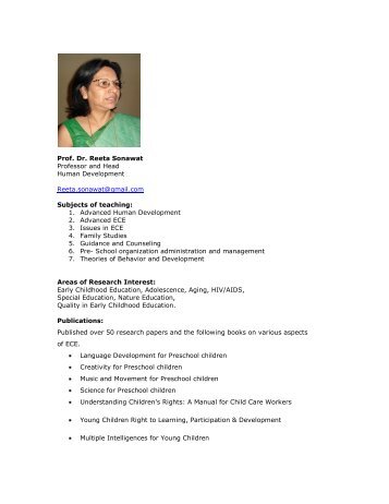 Prof. Dr. Reeta Sonawat Professor and Head Human Development ...