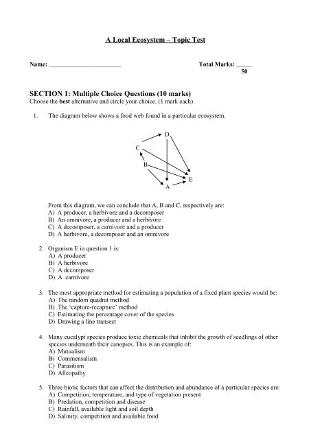 A Local Ecosystem – Topic Test SECTION 1: Multiple Choice ...