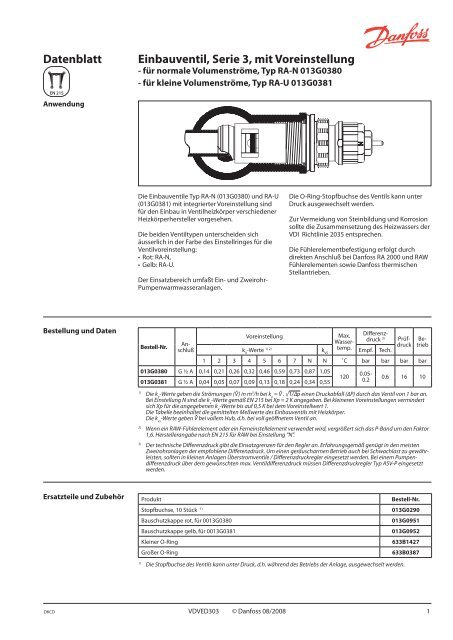 Datenblatt Einbauventil, Serie 3, mit Voreinstellung - Danfoss