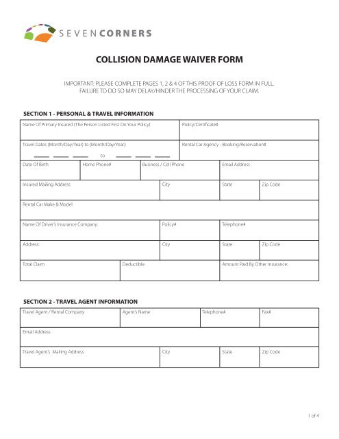 Collision Authorization Form COLLISION DAMAGE WAIVER FORM - Seven Corners, Inc