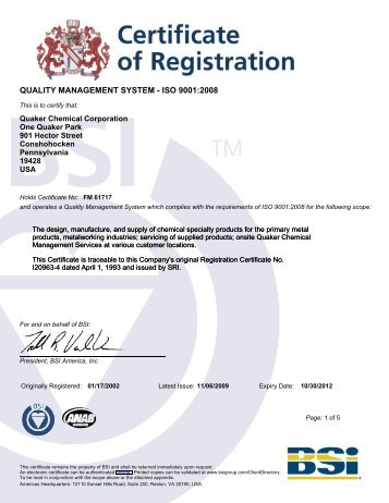 BSI Certificate - Quaker Chemical Corporation