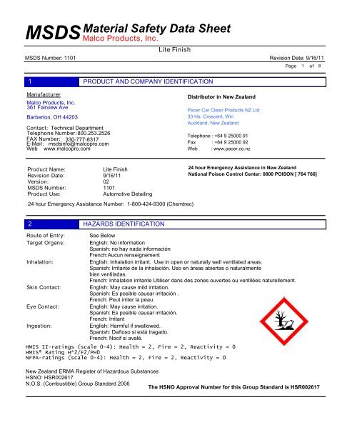 Material Safety Data Sheet Pacer Car Clean Products