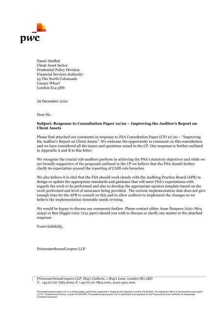 PwC To The Financial Services Authority Consultation On