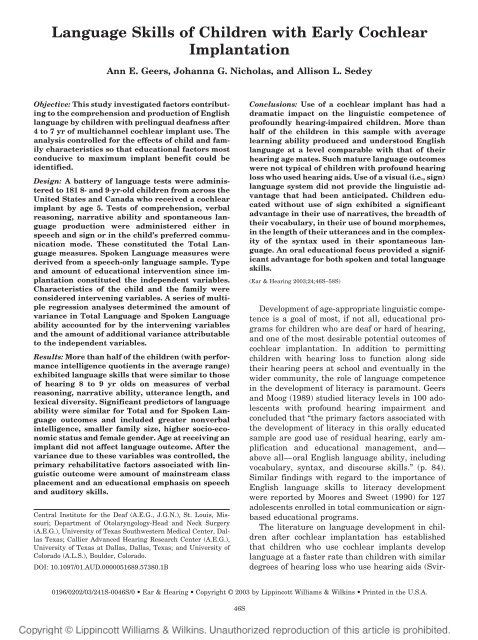 Language Skills of Children with Early Cochlear Implantation (PDF)