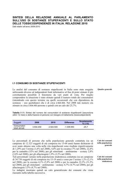 La Relazione 2010 - Dipartimento per le politiche antidroga