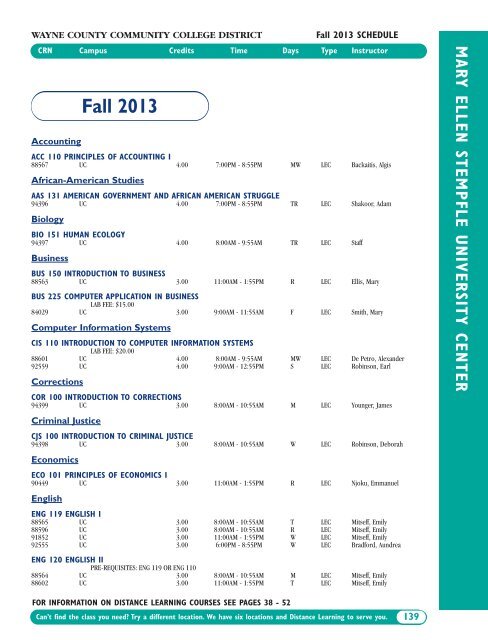 Fall 2013 Academic Schedule - Wayne County Community College