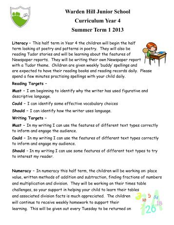 Year 4 - Summer Term 1 - Warden Hill Junior School - Home Page