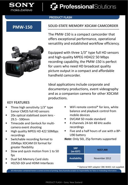 pmw-150 specifications - PROTEL New Zealand