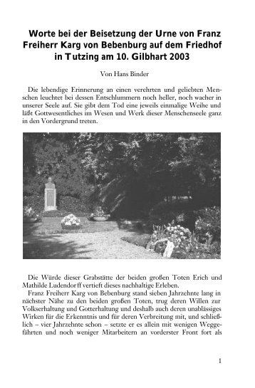 Worte bei der Beisetzung der Urne von Franz Freiherr Karg von ...