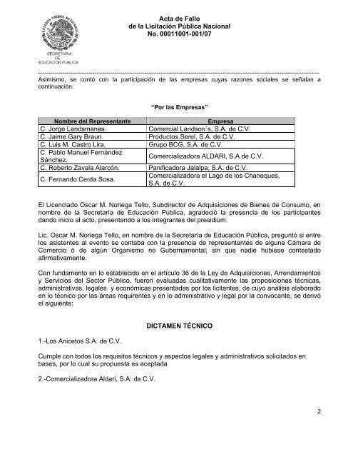 Acta de Fallo de la LicitaciÃ³n PÃºblica Nacional No. 00011001-001 ...