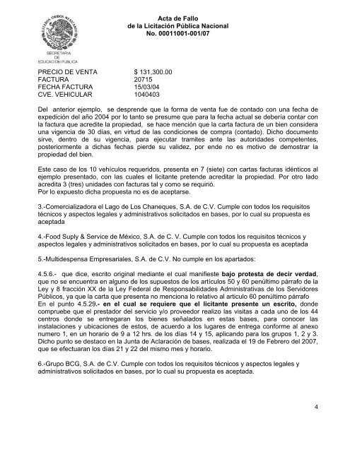 Acta de Fallo de la LicitaciÃ³n PÃºblica Nacional No. 00011001-001 ...