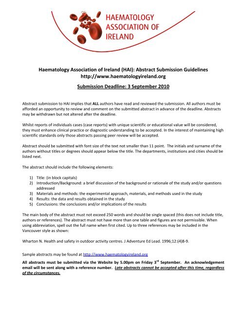 Haematology Association of Ireland (Abstract submission guidelines)