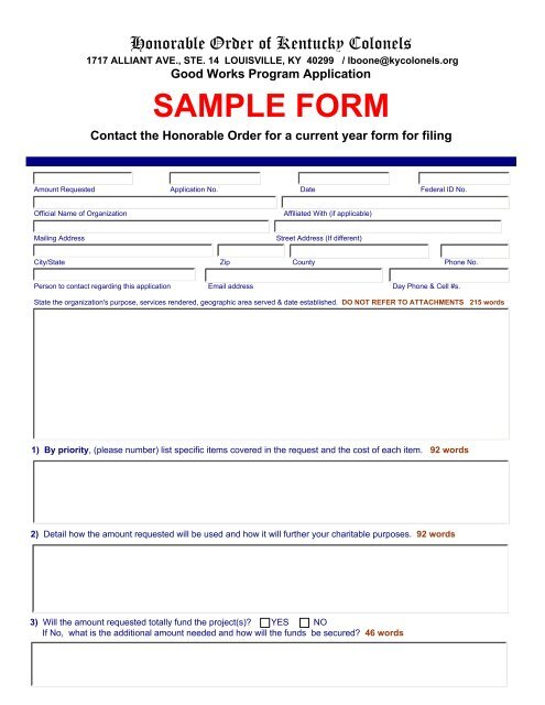 Sample Application - Honorable Order of Kentucky Colonels