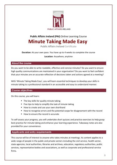 Minute Taking Made Easy Brochure - Public Affairs Ireland