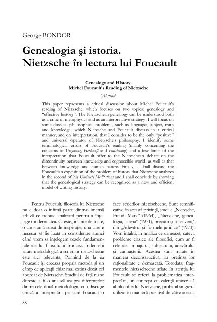 Genealogia Åi istoria. Nietzsche Ã®n lectura lui Foucault - Hermeneia