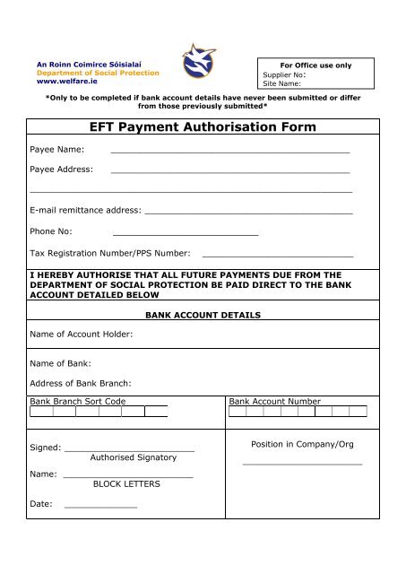 EFT Payment Authorisation Form - Welfare.ie