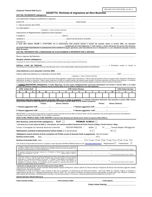 OGGETTO: Richiesta di migrazione ad Alice Business - Impresa ...