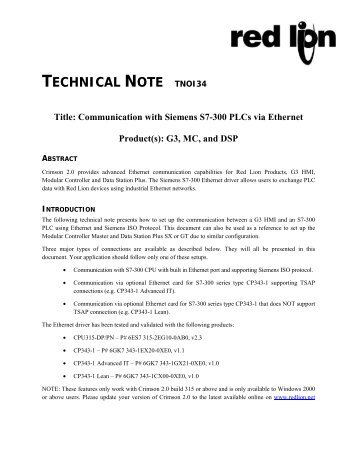Communication with Siemens S7-300 PLCs via ... - Red Lion Controls